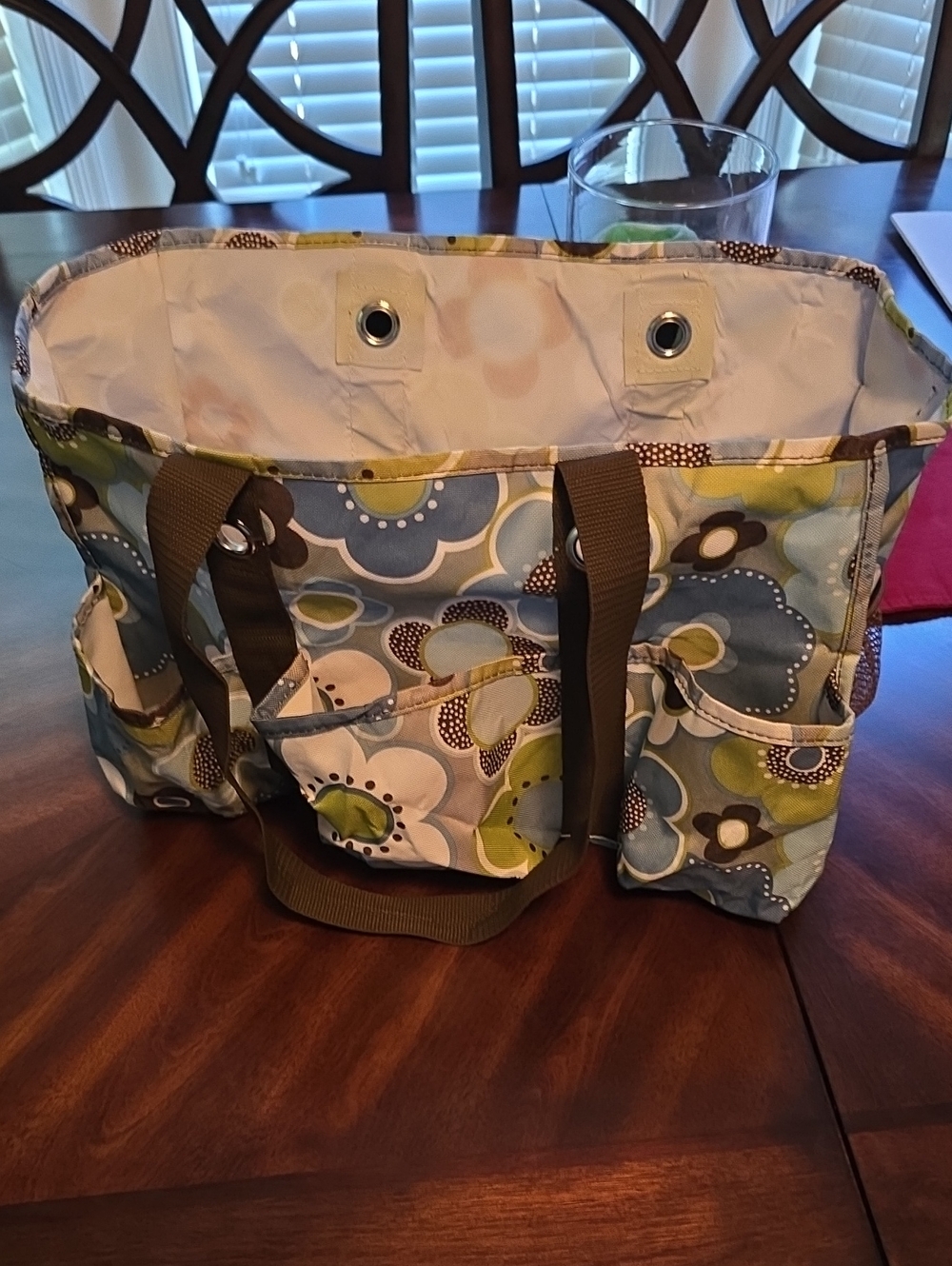 Thirty-One Canvas Deluxe Utility Tote Bag in Blue & Green Floral Design
